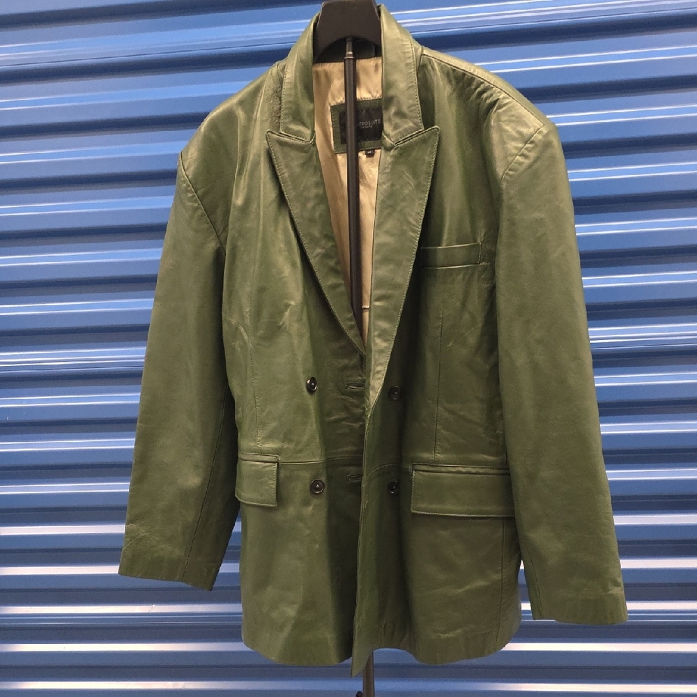 Men's Green Leather Double-Breasted Jacket